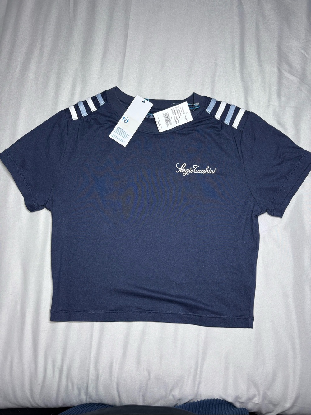 Sergio Tacchini Navy Tee with White Shoulder Stripes Women’s Size S